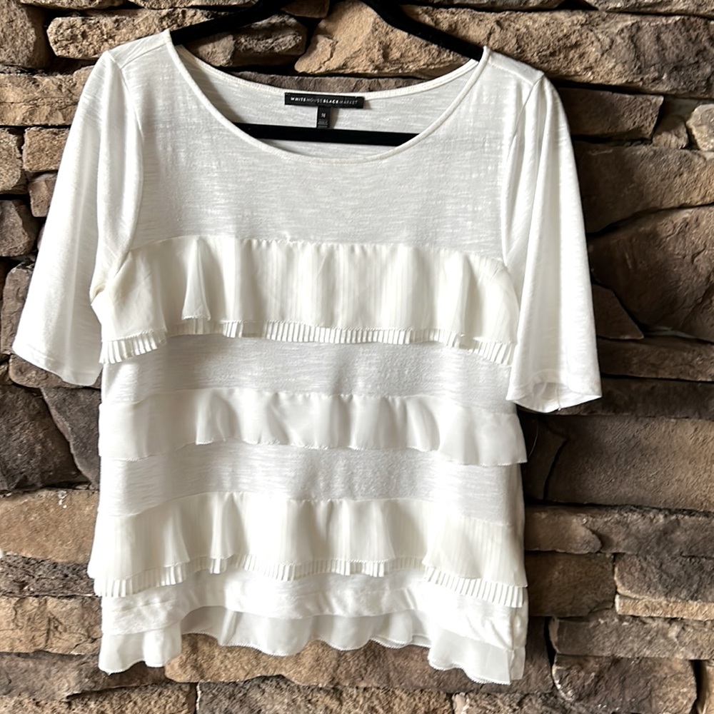 White House Black Market white short sleeve blouse with ruffles size Medium